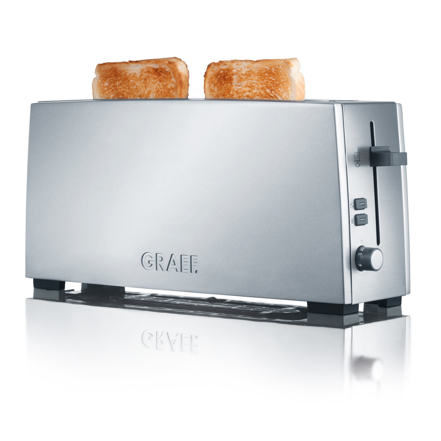Grille-pain Graef argenté avec deux tranches de pain grillé sur fond blanc