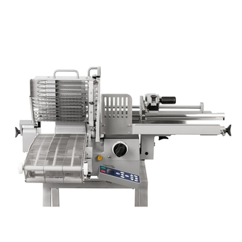 Macchina da taglio industriale in acciaio inossidabile con pannello di controllo e rete metallica