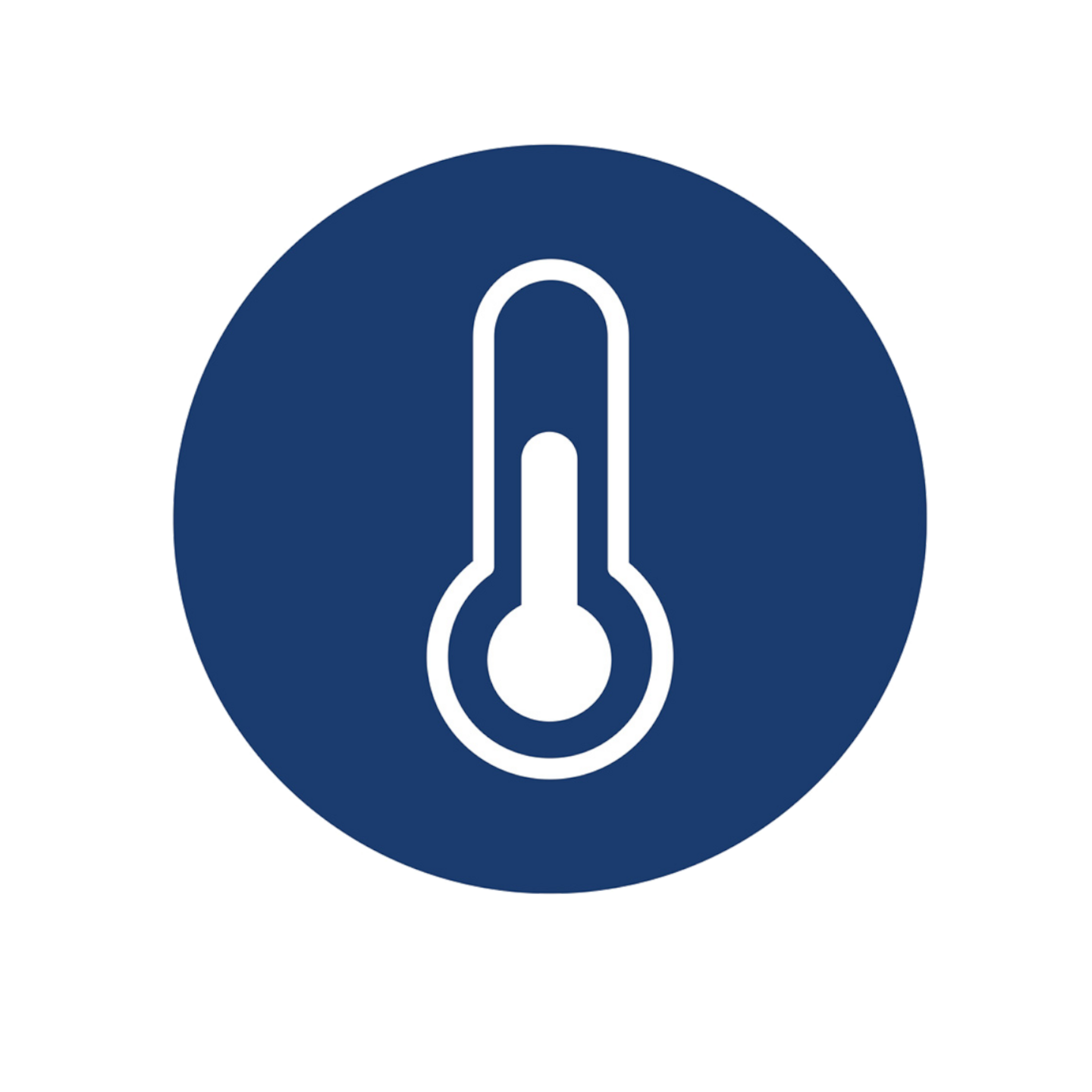 Thermometer symbol inside a blue circle, temperature indicator, white design