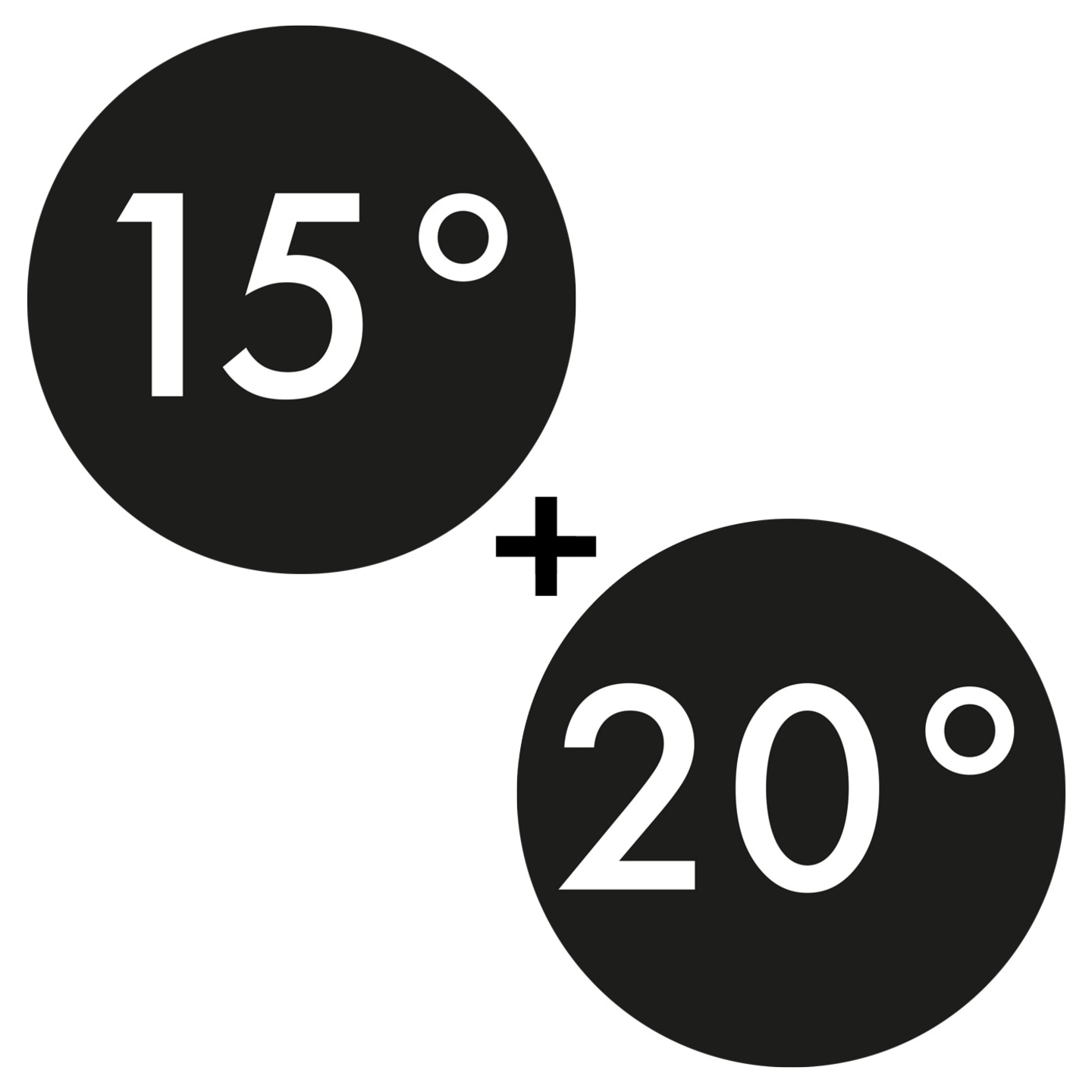 Two black circles with temperatures, 15 degrees and 20 degrees, connected by a plus sign.