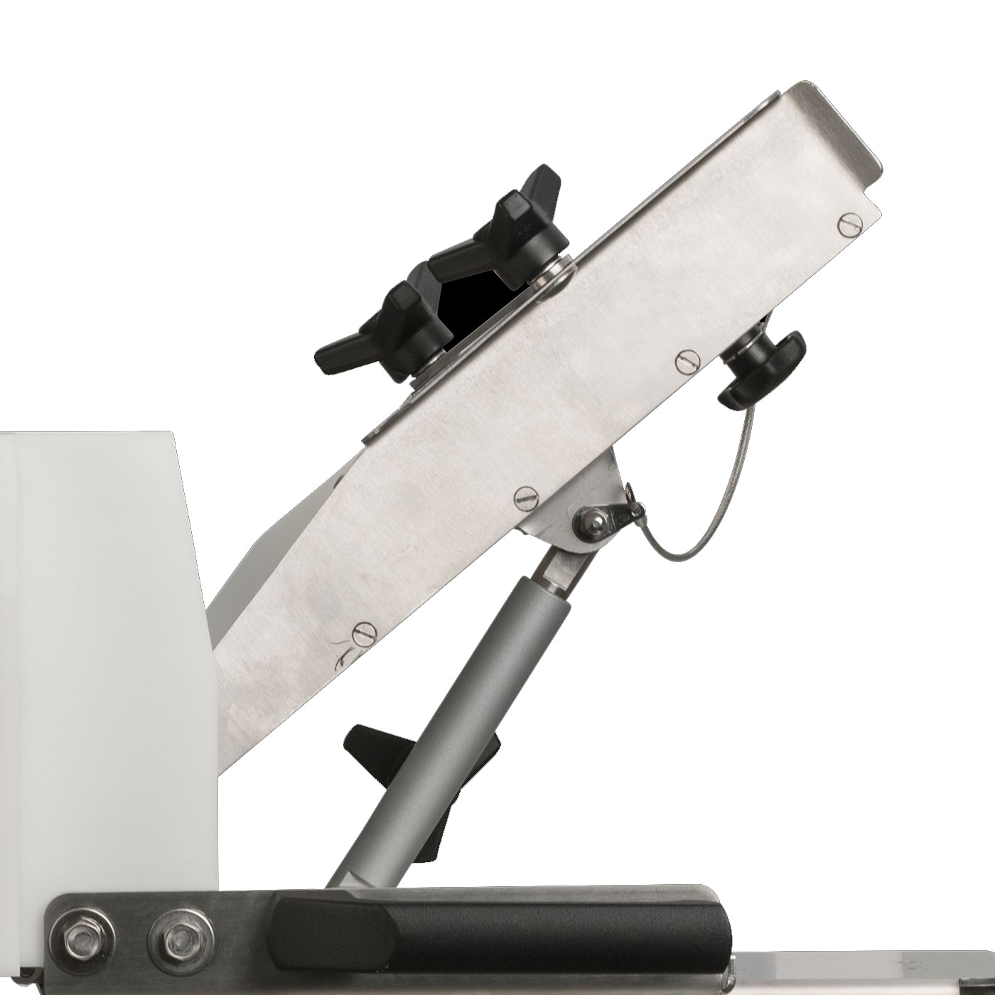 Metal construction with black knobs and white plastic part, angled position