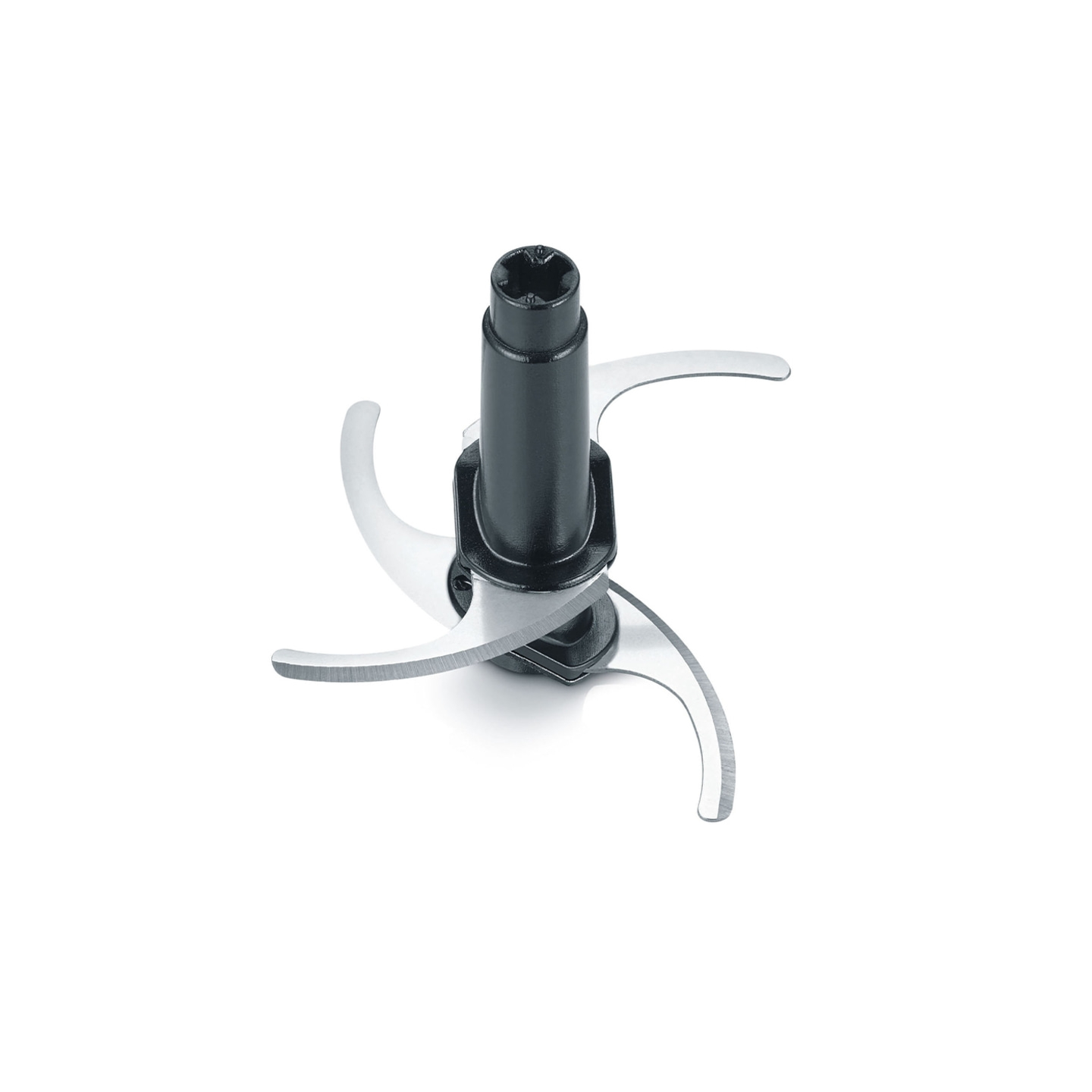 Gros plan d'une lame de robot culinaire noire avec trois lames sur fond blanc.