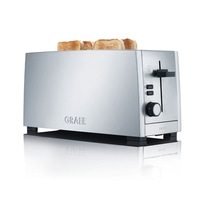 Silver toaster with toast, GRAEF logo, buttons, and lever, on white background.