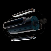 Vue éclatée d'un objet cylindrique avec des pièces détachables sur fond noir.