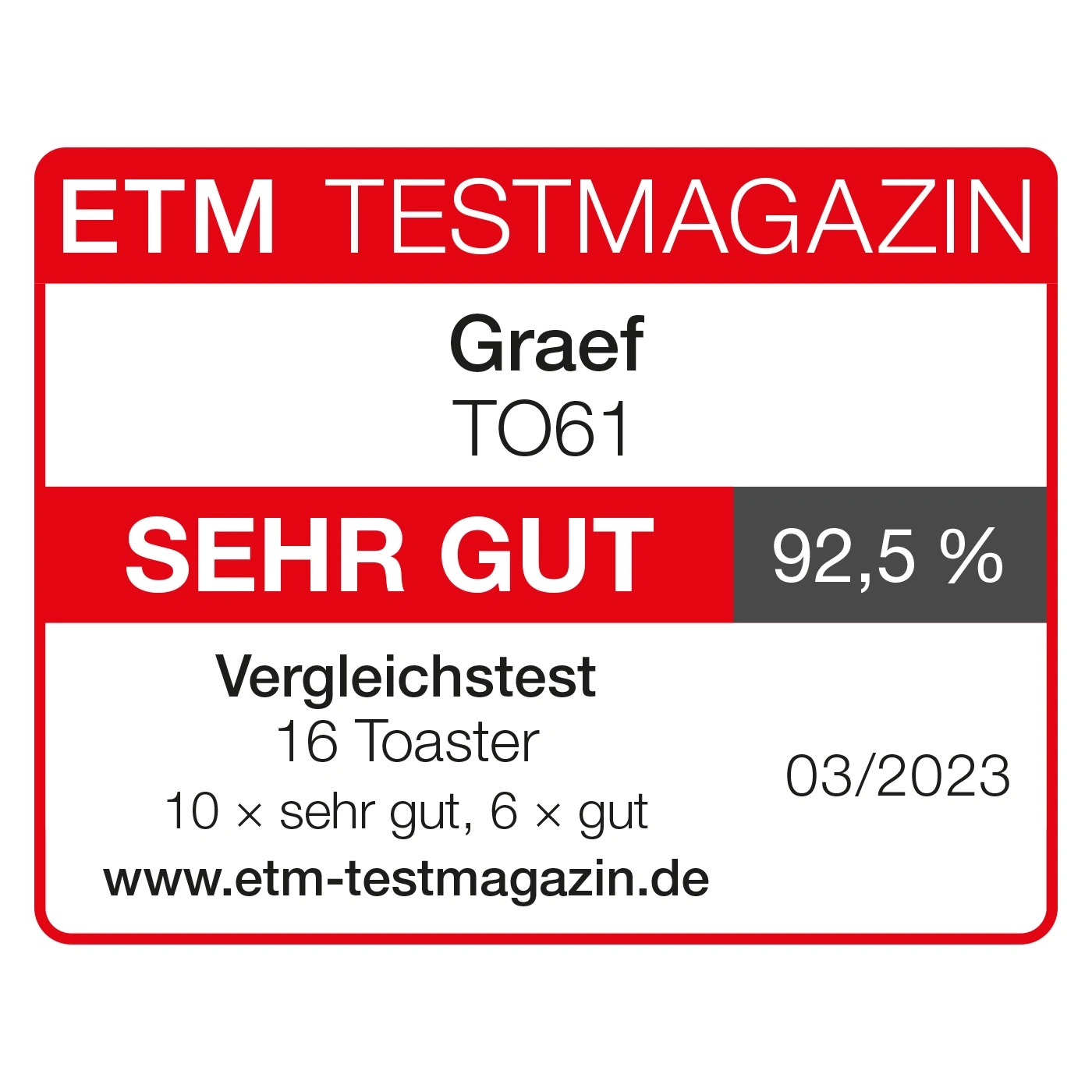 ETM Test Magazine review: Graef TO61, VERY GOOD, 92.5%, comparison test 03/2023