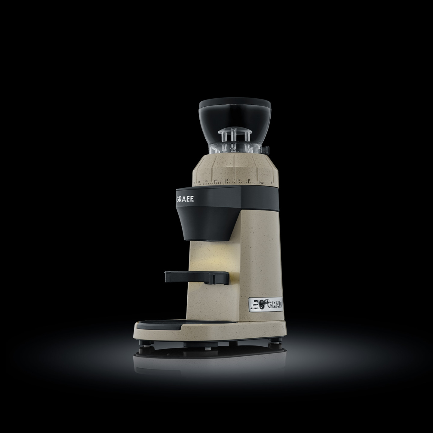 GRAEF coffee grinder, beige and black, on black background, detailed shot