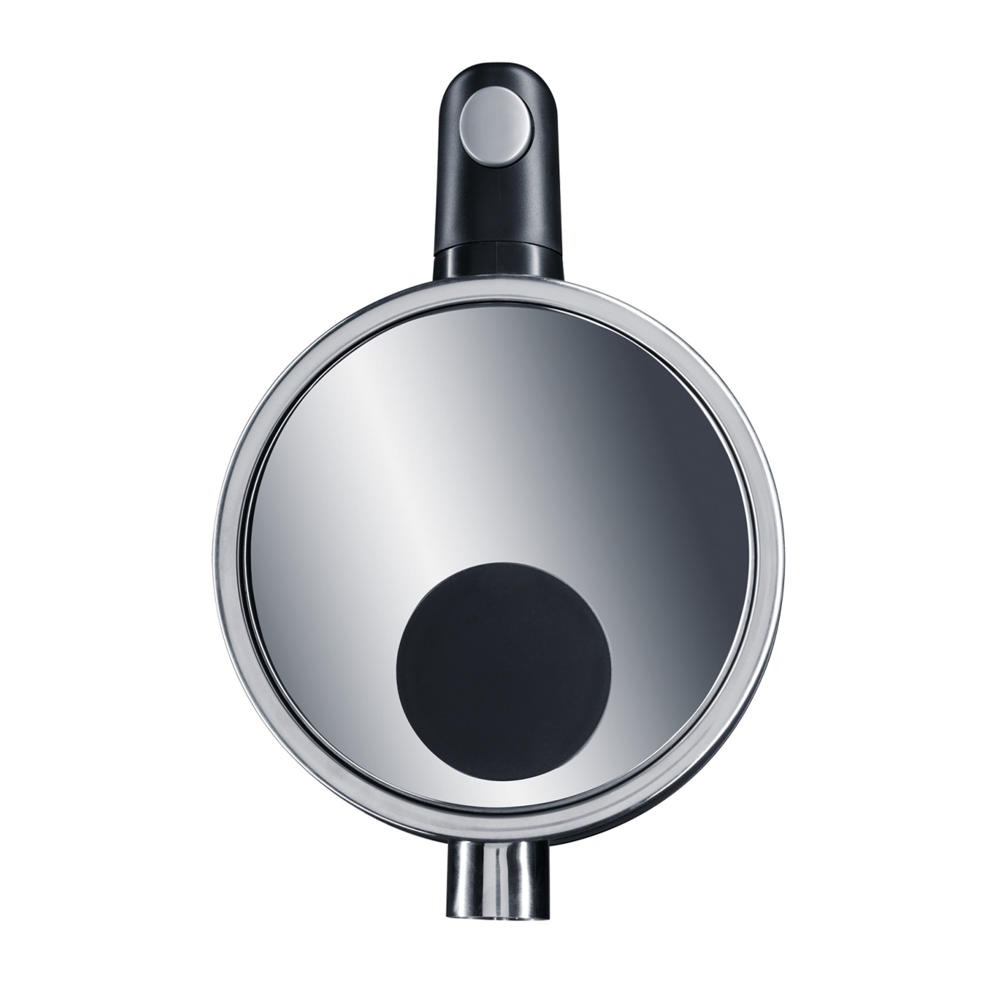 Metal pot lid with handle and black knob, round shape, shiny