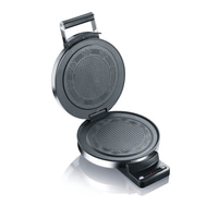 Open waffle iron with round cooking surfaces and handle on a white background.