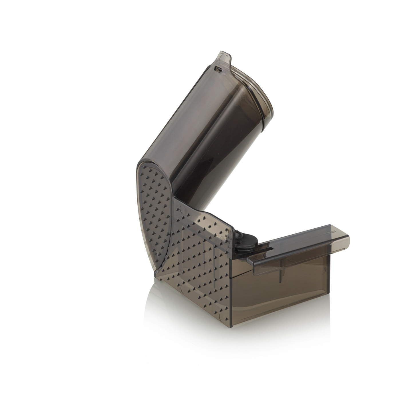 Presse-ail en plastique transparent, ouvert, sur fond blanc