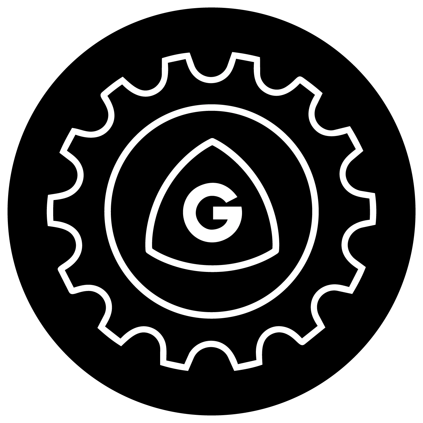 Un cerchio nero con un ingranaggio bianco e un simbolo "G" all'interno.