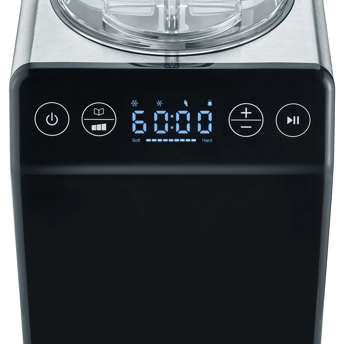 Ice cream machine with digital display and controls on a black background