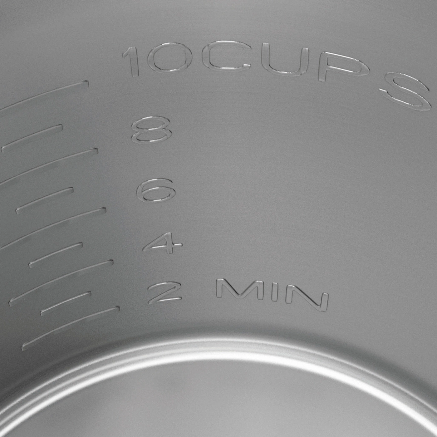 Surface grise avec des repères de mesure de liquide, 10 tasses, 8, 6, 4, 2 MIN, cuisine