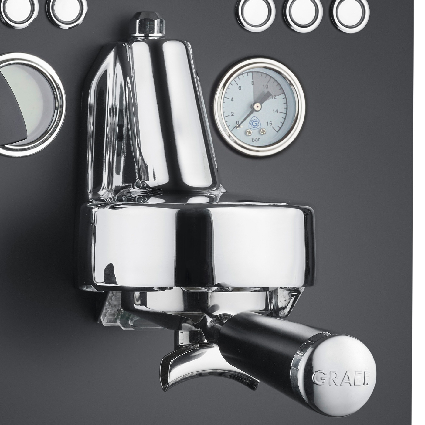 Espresso machine, chrome, pressure gauge, GRAEF logo, black background, close-up detail