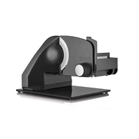 Affettatrice elettrica nera con lama argentata e logo GRAEF, su base nera.