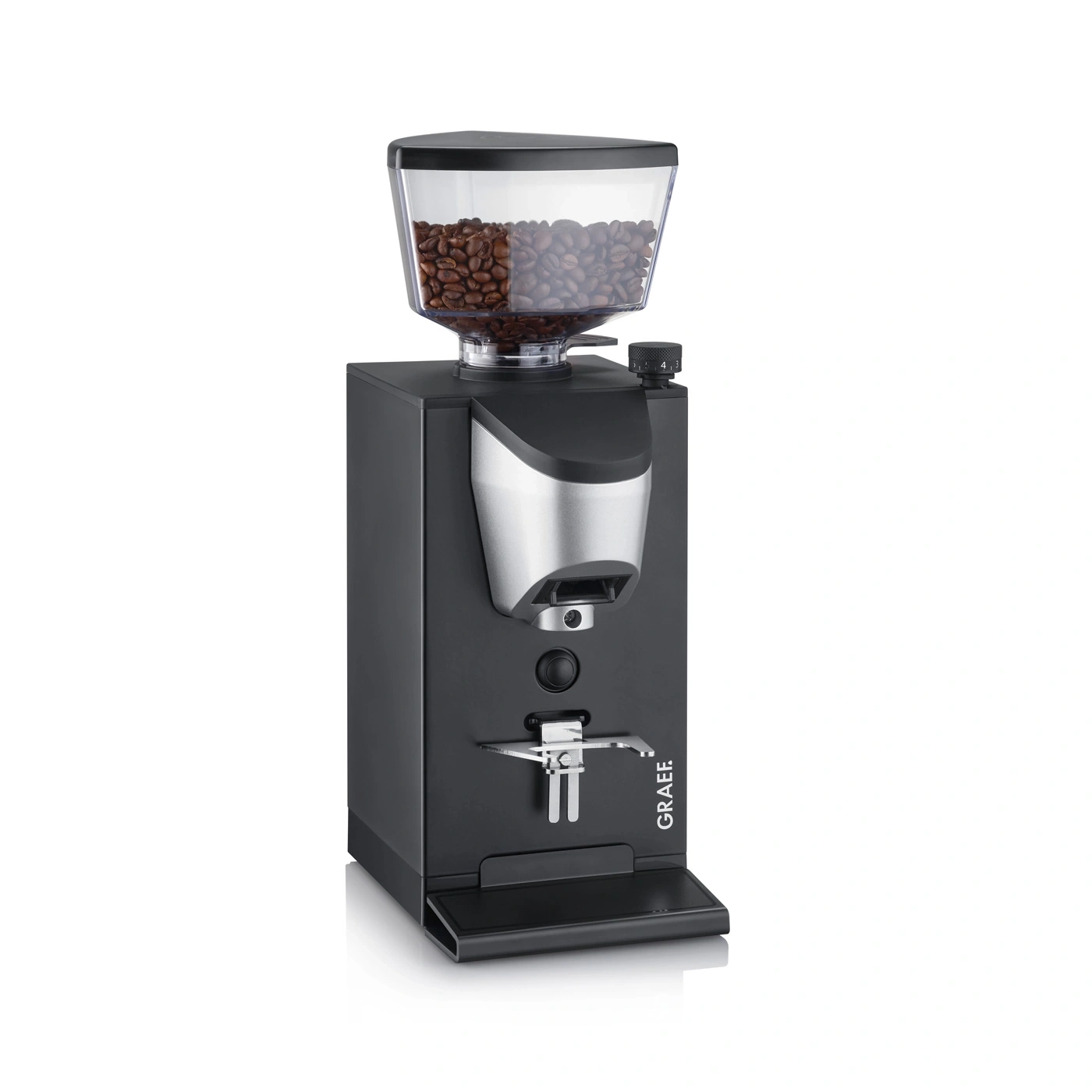 Black coffee grinder with bean container and GRAEF logo.