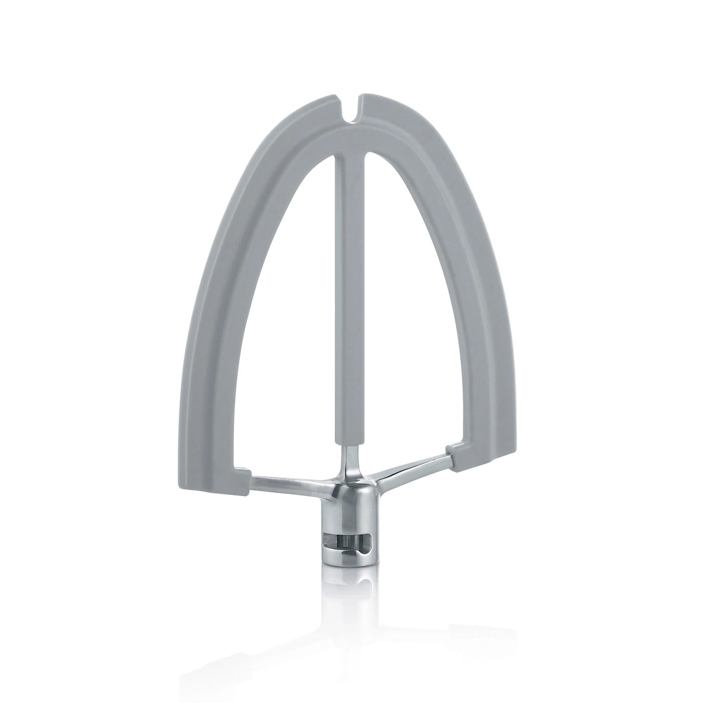 Gray mixer attachment isolated on white background, kitchen utensil, close-up shot