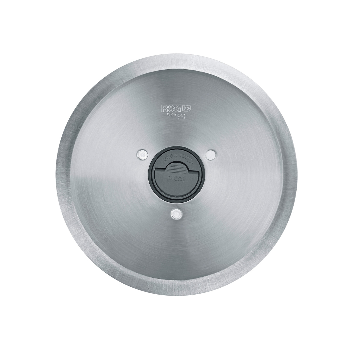 Circular kitchen device with RSG Solingen logo and 'Open/Press' function.