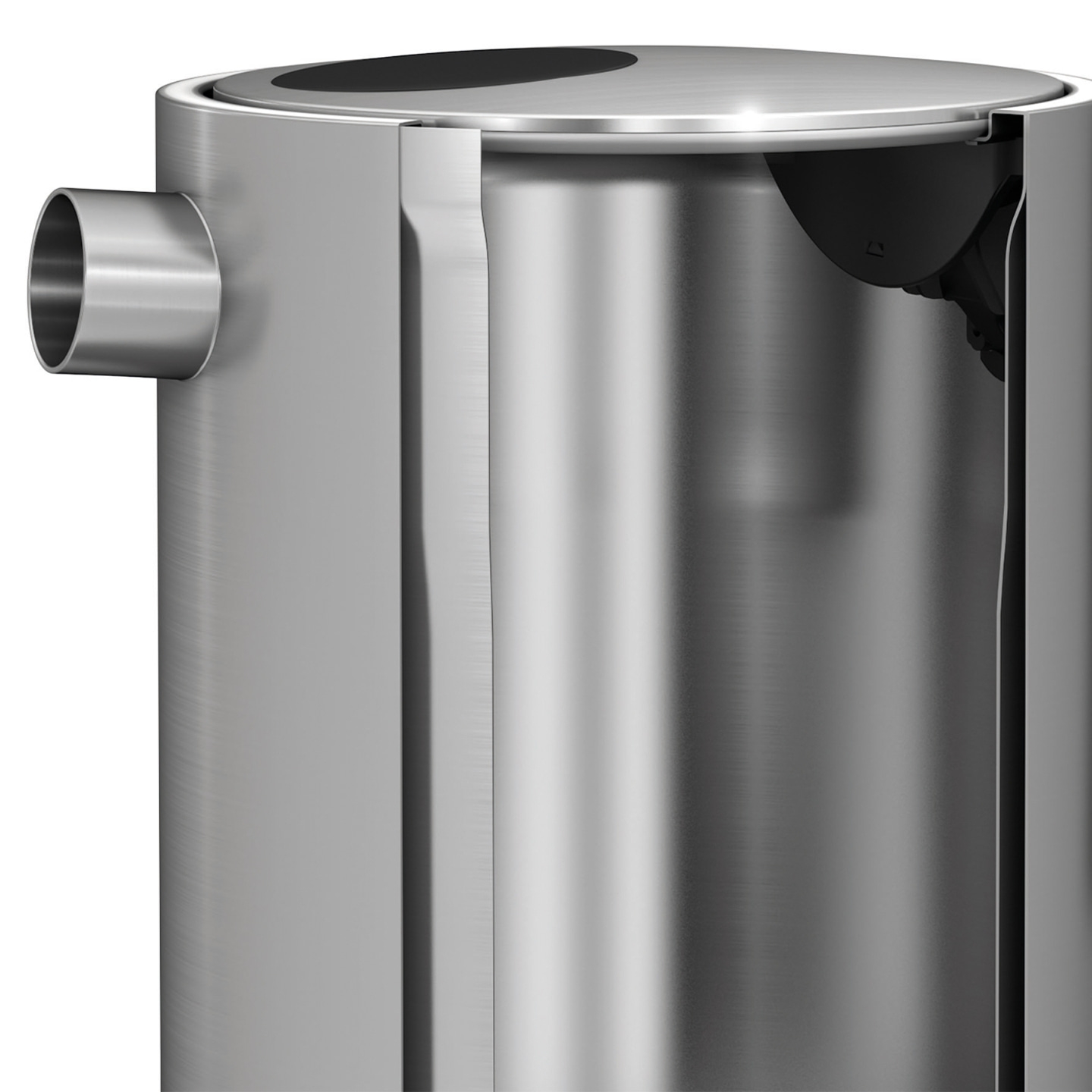 Conteneur en acier inoxydable avec vue en coupe, cylindrique, avec sortie et couvercle