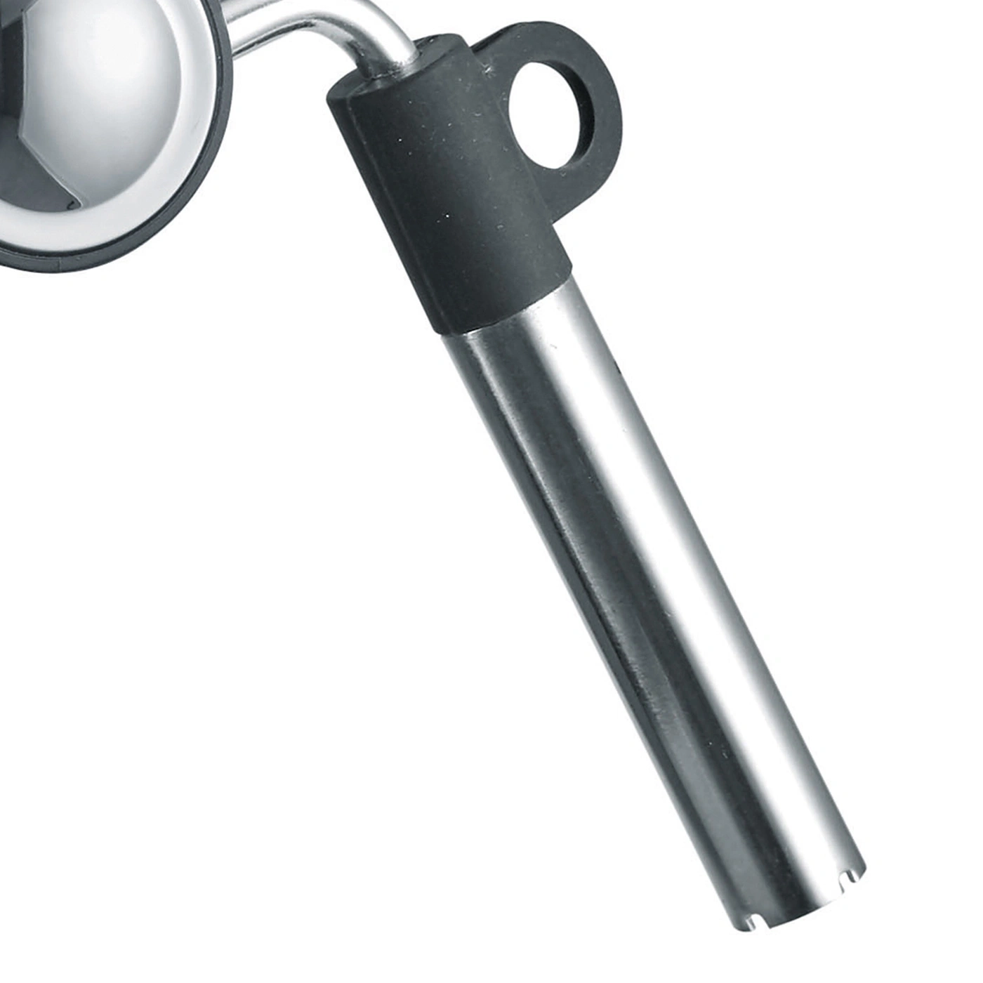 Close-up of a silver kitchen tool with a black handle and a hole