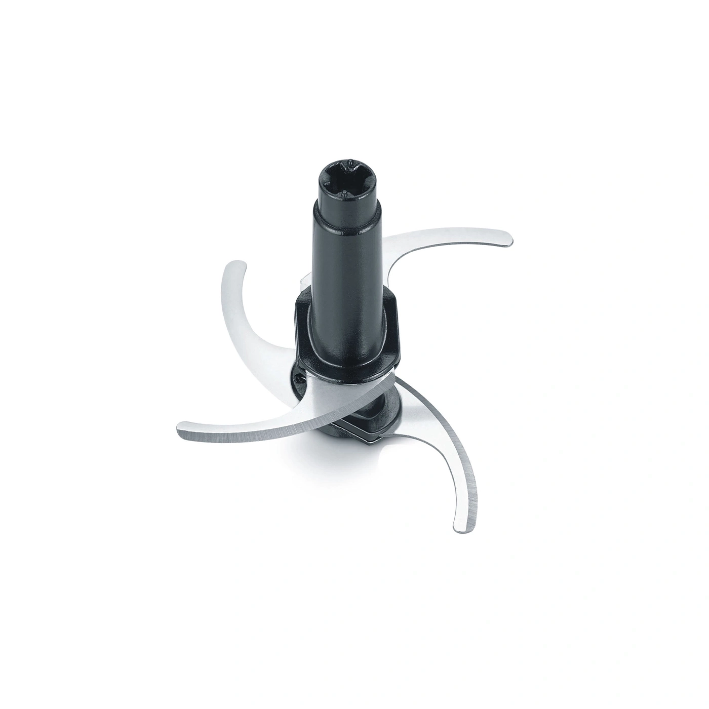 Close-up of a black food processor blade with three blades on a white background.