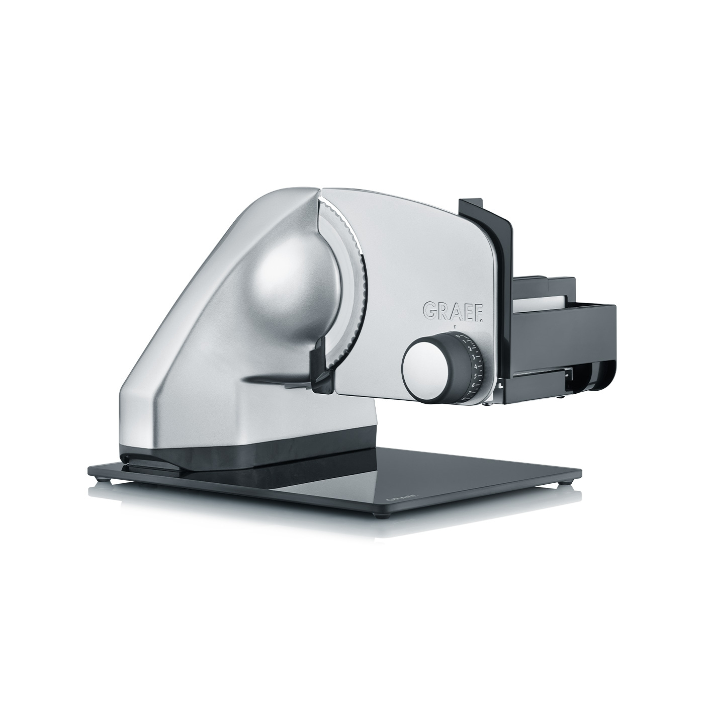 Silver Graef food slicer with black base and control knobs, isolated on white background