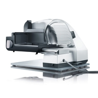 Trancheuse électrique, acier inoxydable, blanc et noir, isolée sur blanc