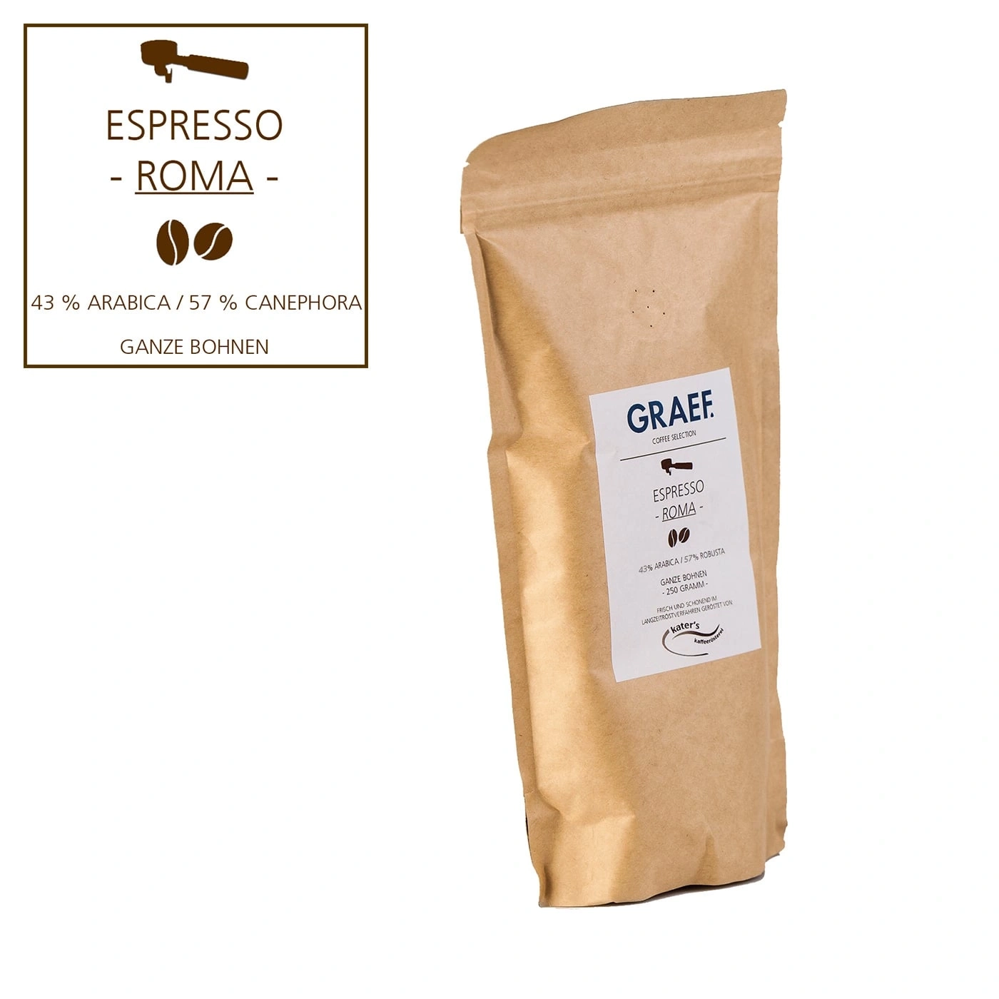 Confezione di chicchi di caffè, Espresso Roma, 43% Arabica, 57% Canephora, 250g, Grani interi