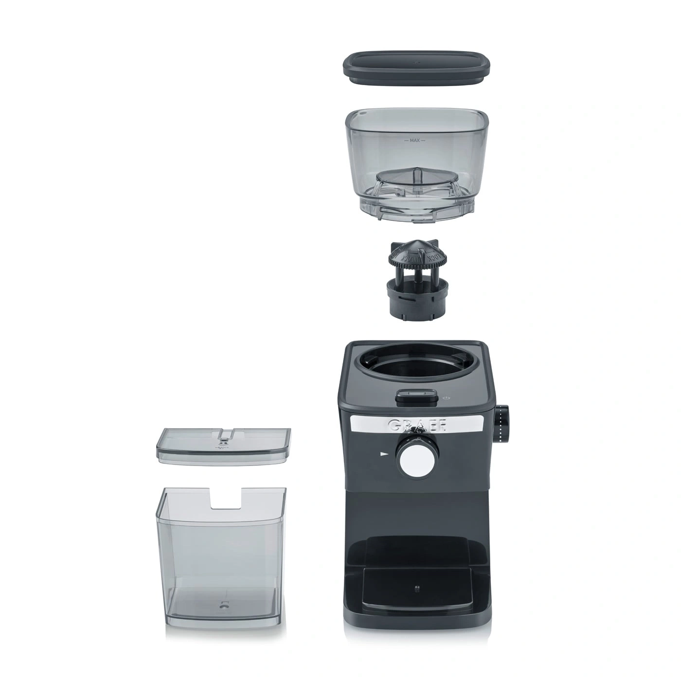 Exploded view of a coffee grinder with its parts, gray color, isolated