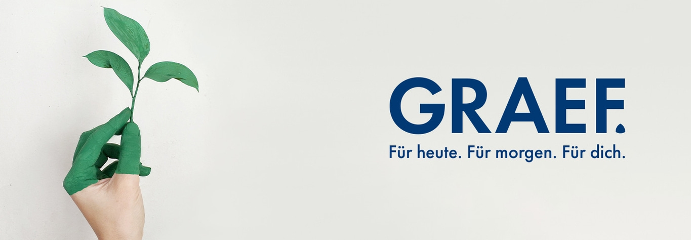 GRAEF Logo mit grünen Blättern und Hand, die sie hält, auf weißem Hintergrund.