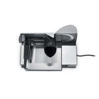 Electric food slicer, stainless steel, black, detail shot, isolated, white background