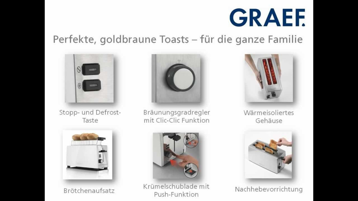 Toaster with features: stop, defrost, browning control, crumb tray, attachment, lift function.