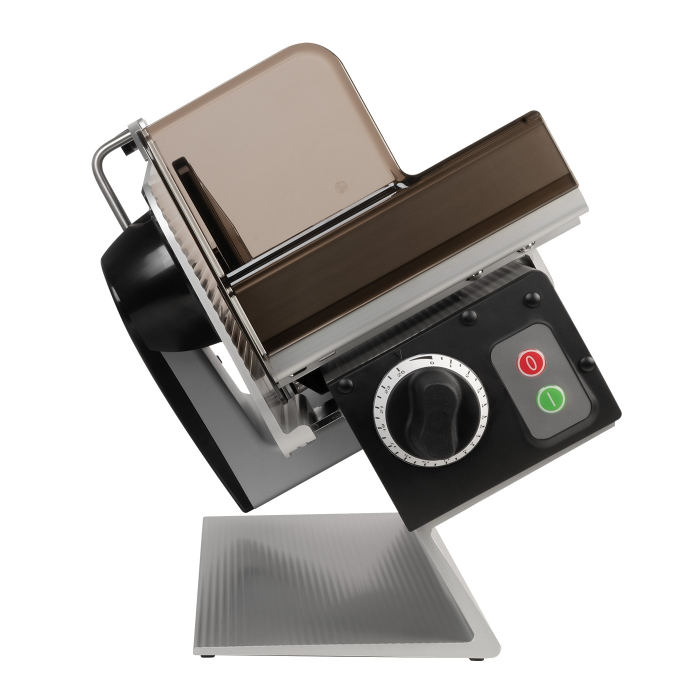 Electric food slicer, black, silver, brown, with buttons and dial, angled view