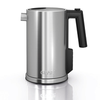 Stainless steel kettle with black handle and logo, shiny
