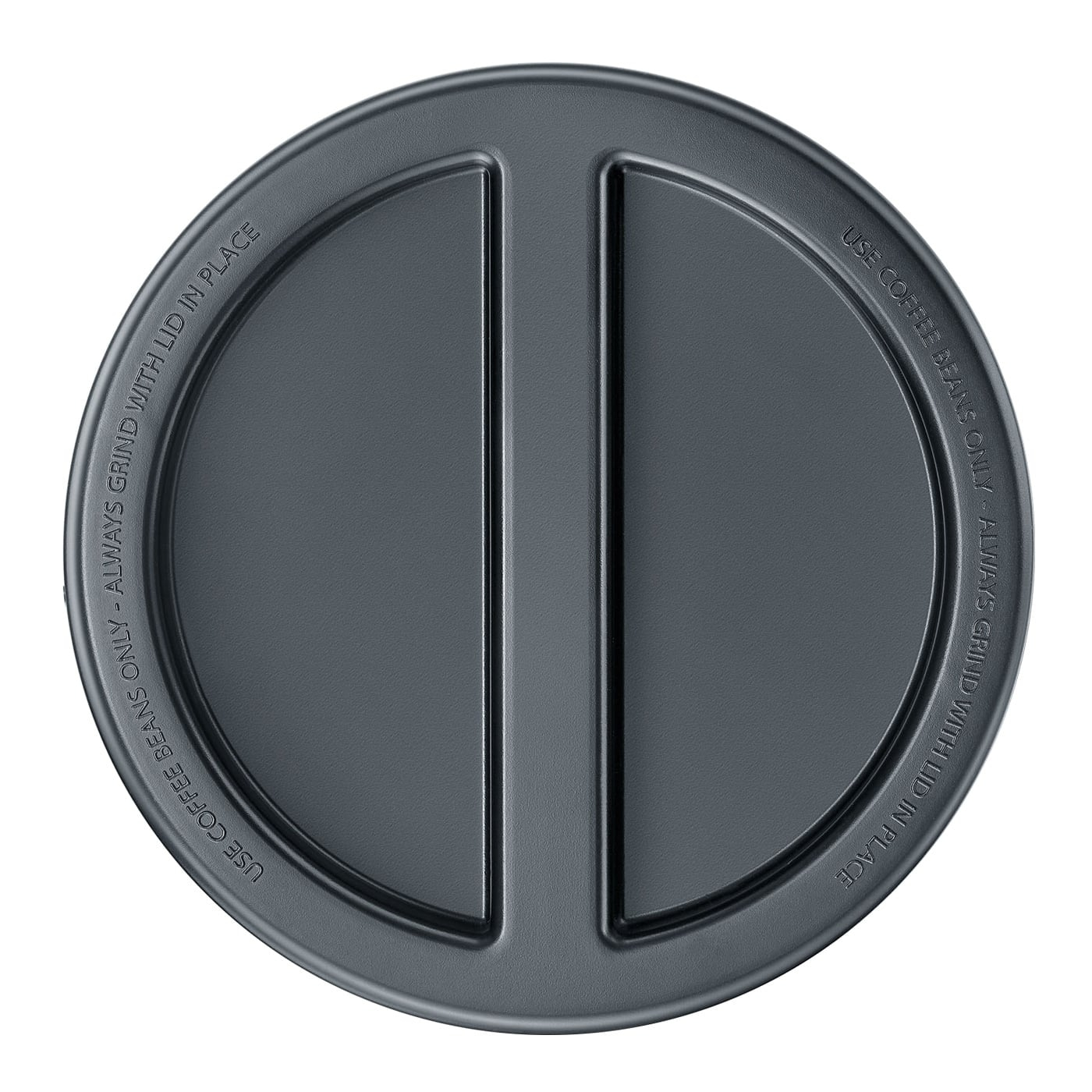Coffee bean lid with text: Use coffee beans only, always grind with lid in place.