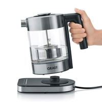 Graef kettle with tea filter, glass, stainless steel, held by hand, base