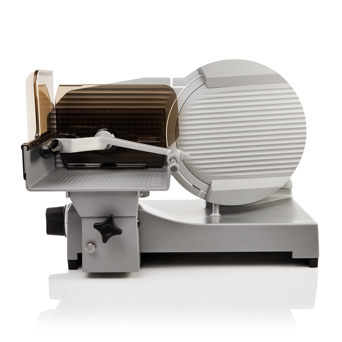 Meat slicer, silver, professional, with guard, for food, kitchen, restaurant, cutting machine.