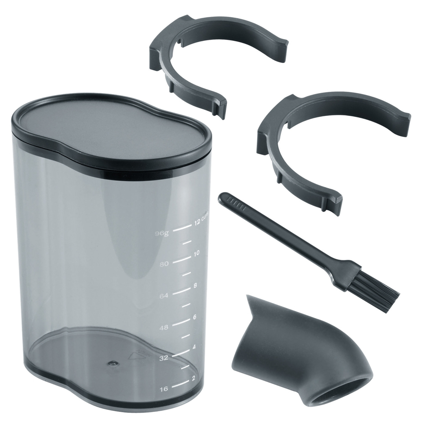Coffee machine parts: container, lid, holders, brush, spout. Accessories for brewing.
