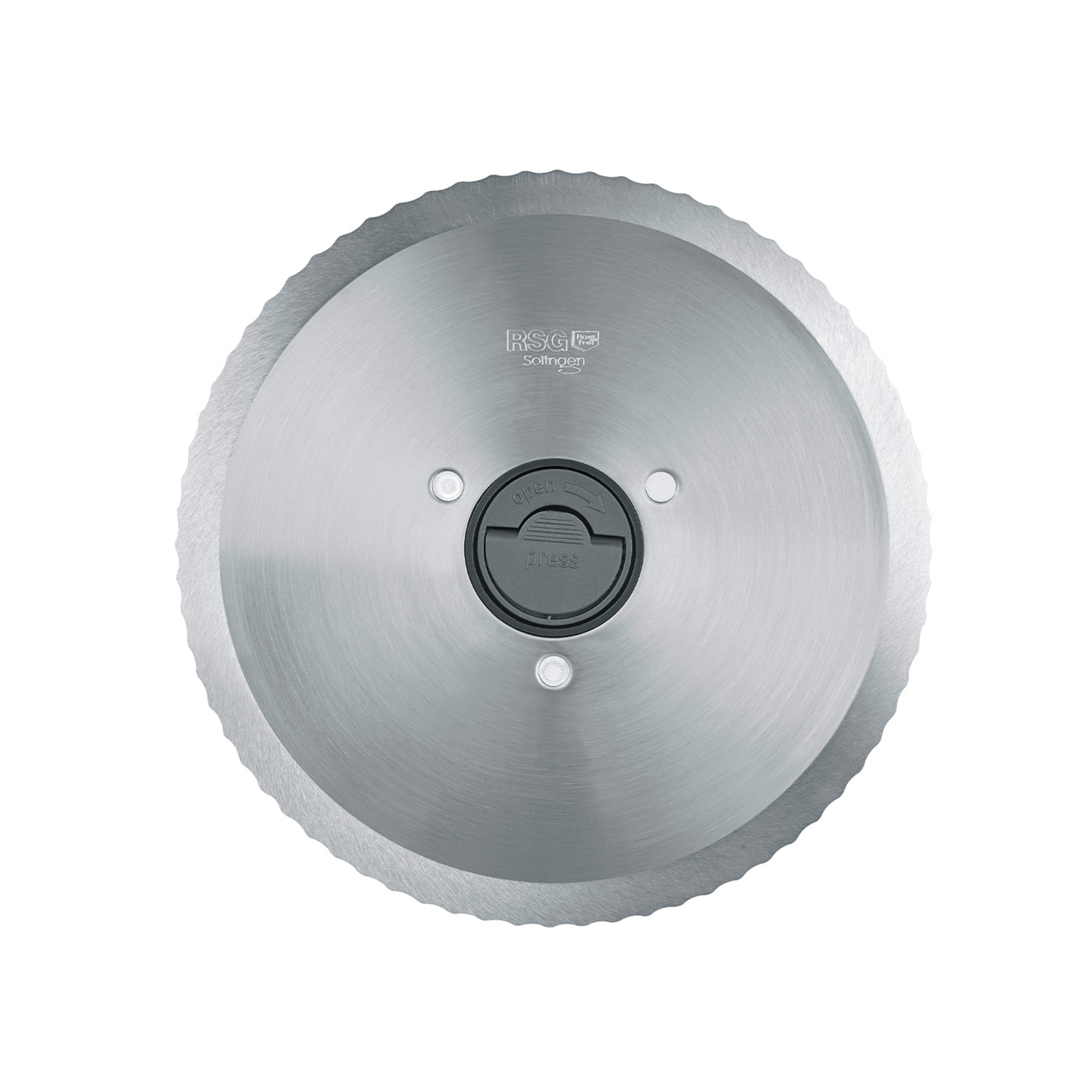 Circular blade with serrated edge and black button in the middle, RSG Solingen