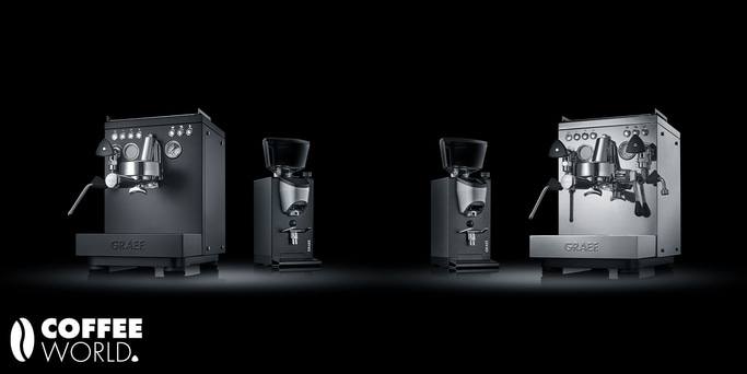 Coffee machines and grinders on black background, GRAEF brand.
