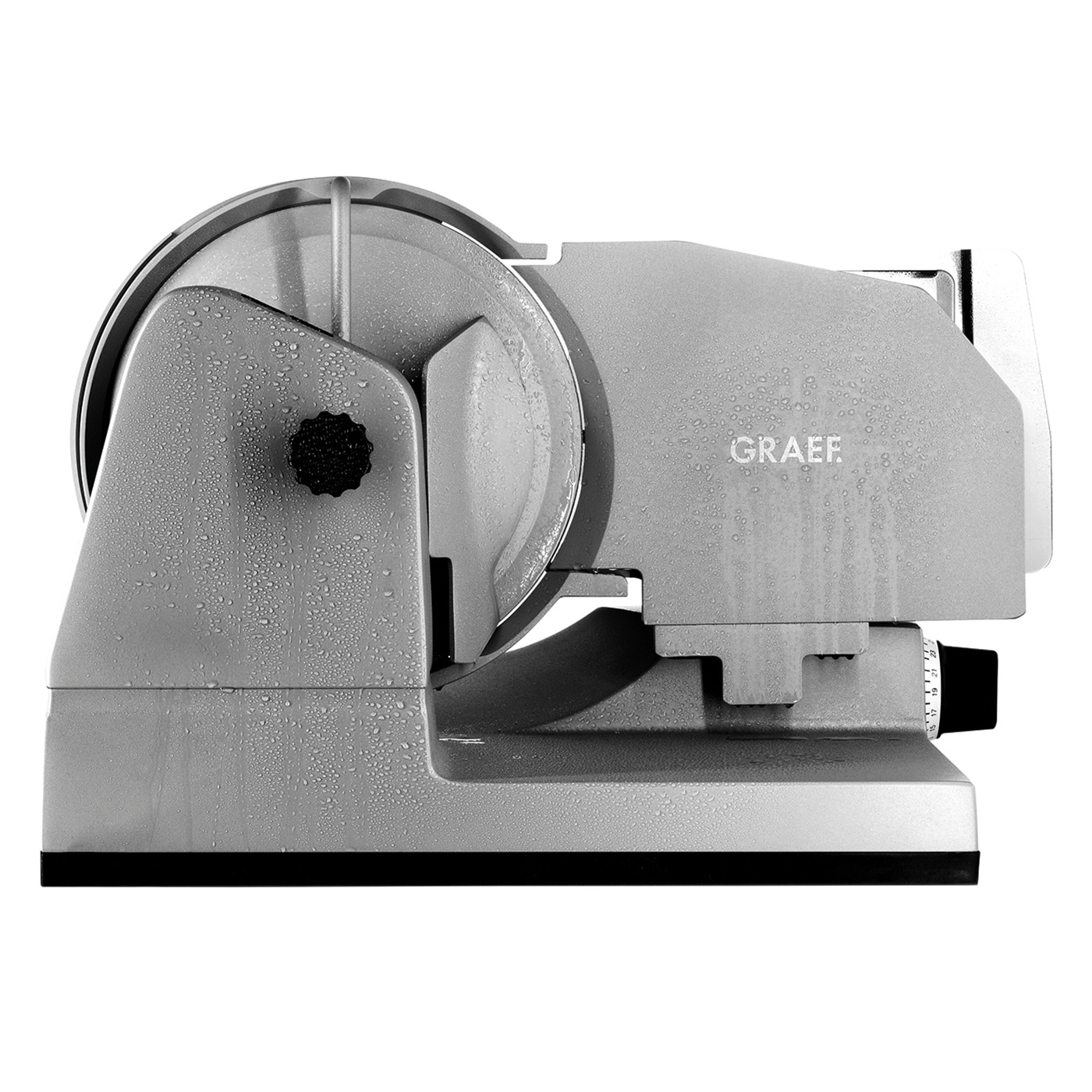 Graef slicer, gray, with water droplets, close-up, isolated on white background