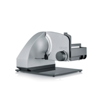 Silver Graef food slicer on white background, close-up shot of the machine