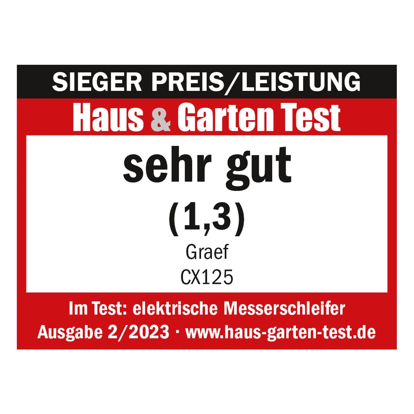 Premio per l'affilacoltelli elettrico Graef, valutato molto bene da Haus & Garten Test.
