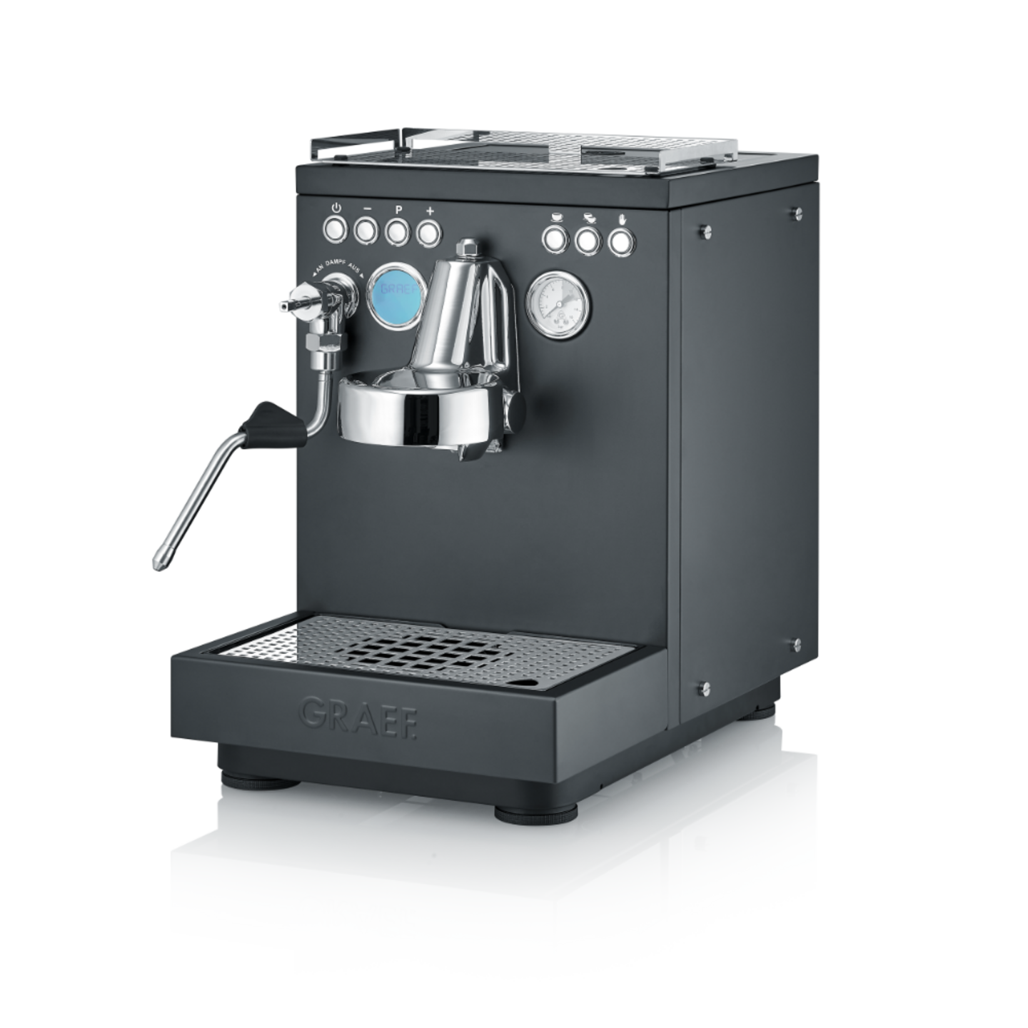Black Graef espresso machine with steam wand and gauge, modern design, sleek and stylish.
