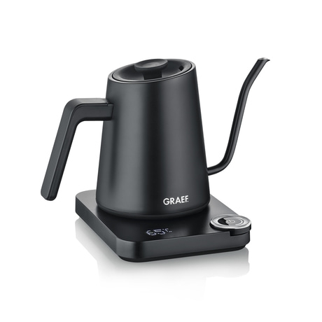 Black electric kettle with digital display and GRAEF logo on a white background.