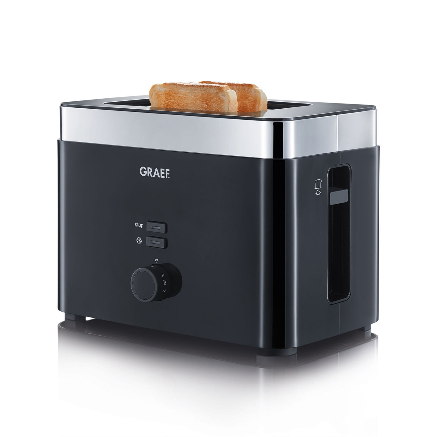 Black toaster with toast, GRAEF brand, with buttons and a dial for browning.