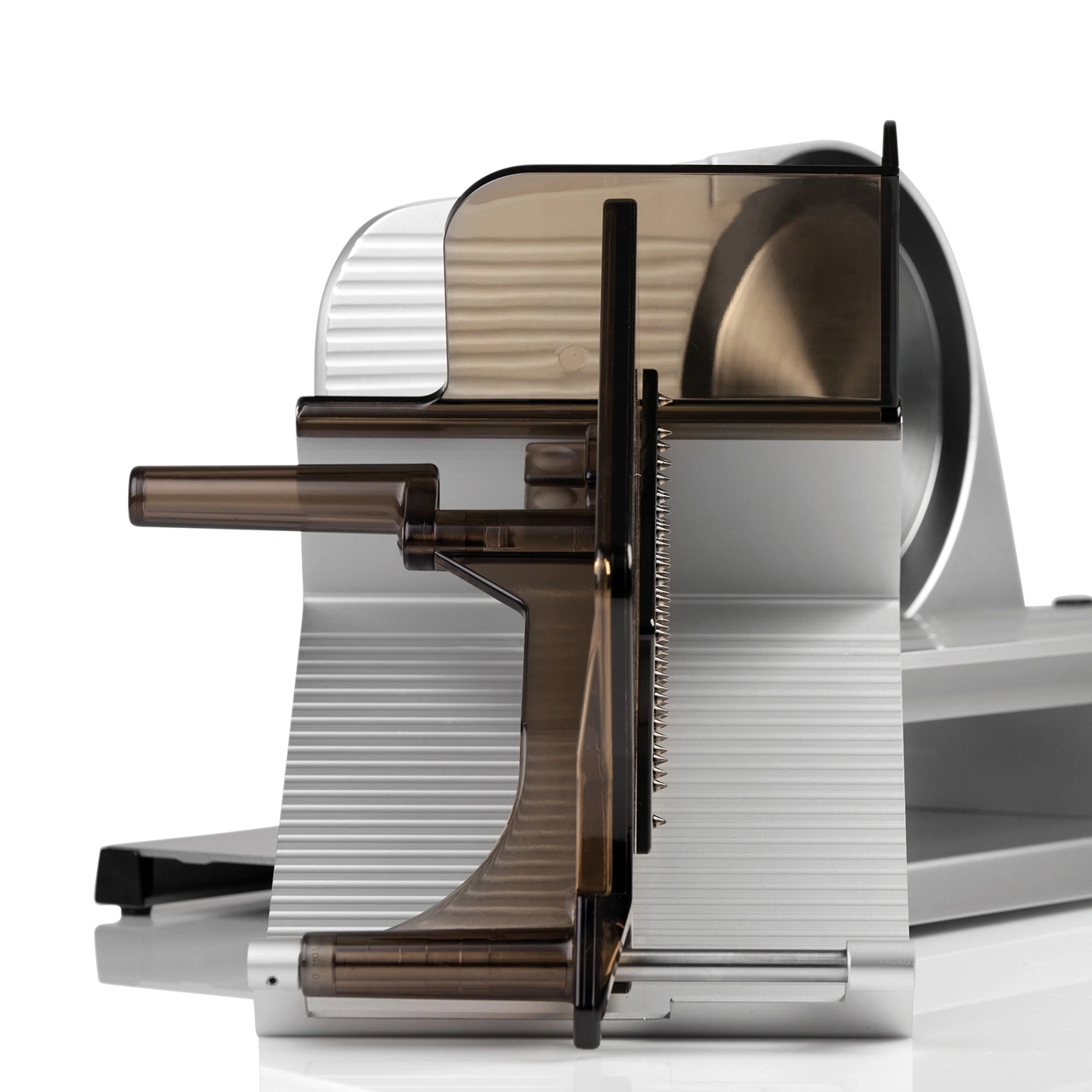 Meat slicer, silver, transparent plastic, close-up, isolated, kitchen appliance