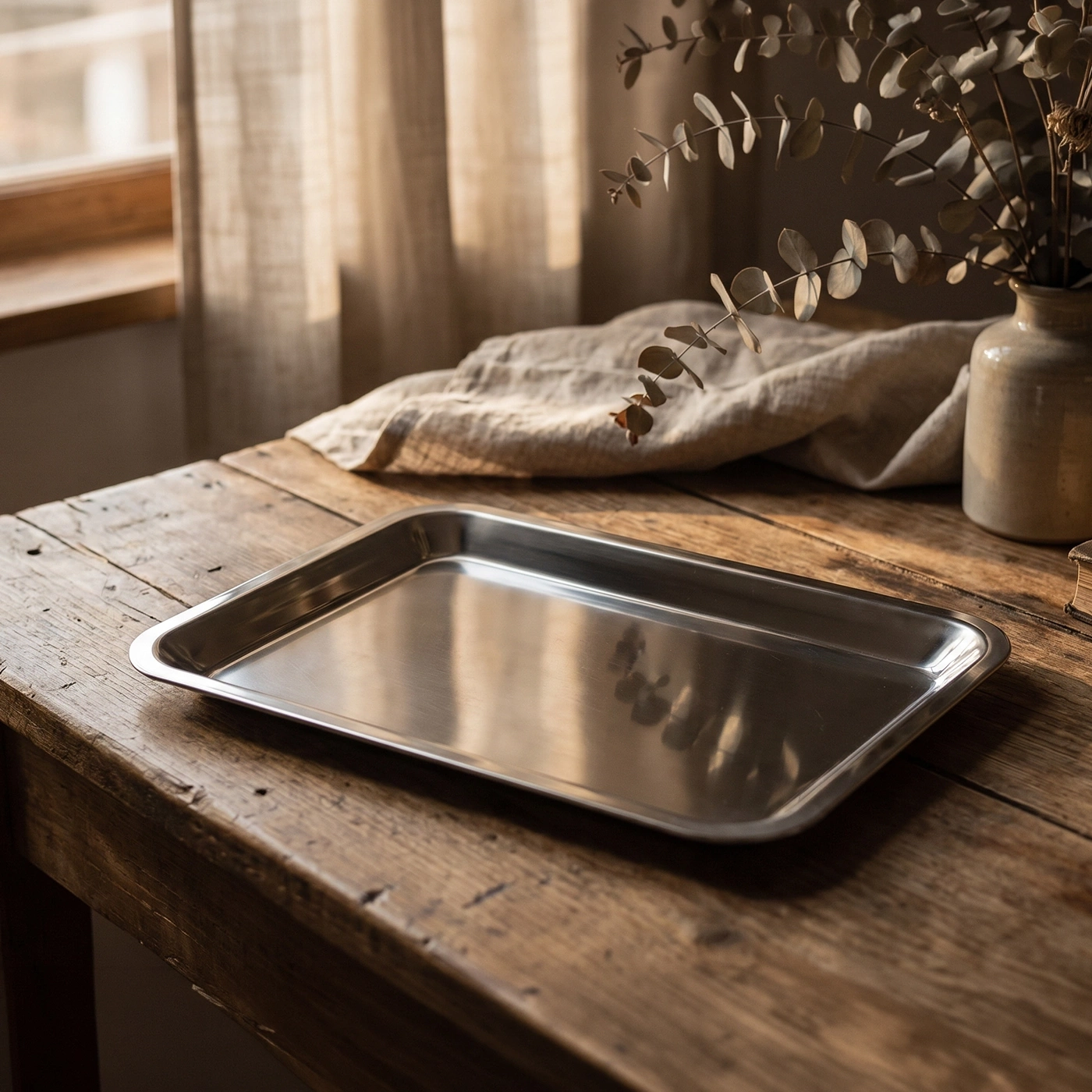 Un plateau rectangulaire en métal vide sur une table en bois rustique.