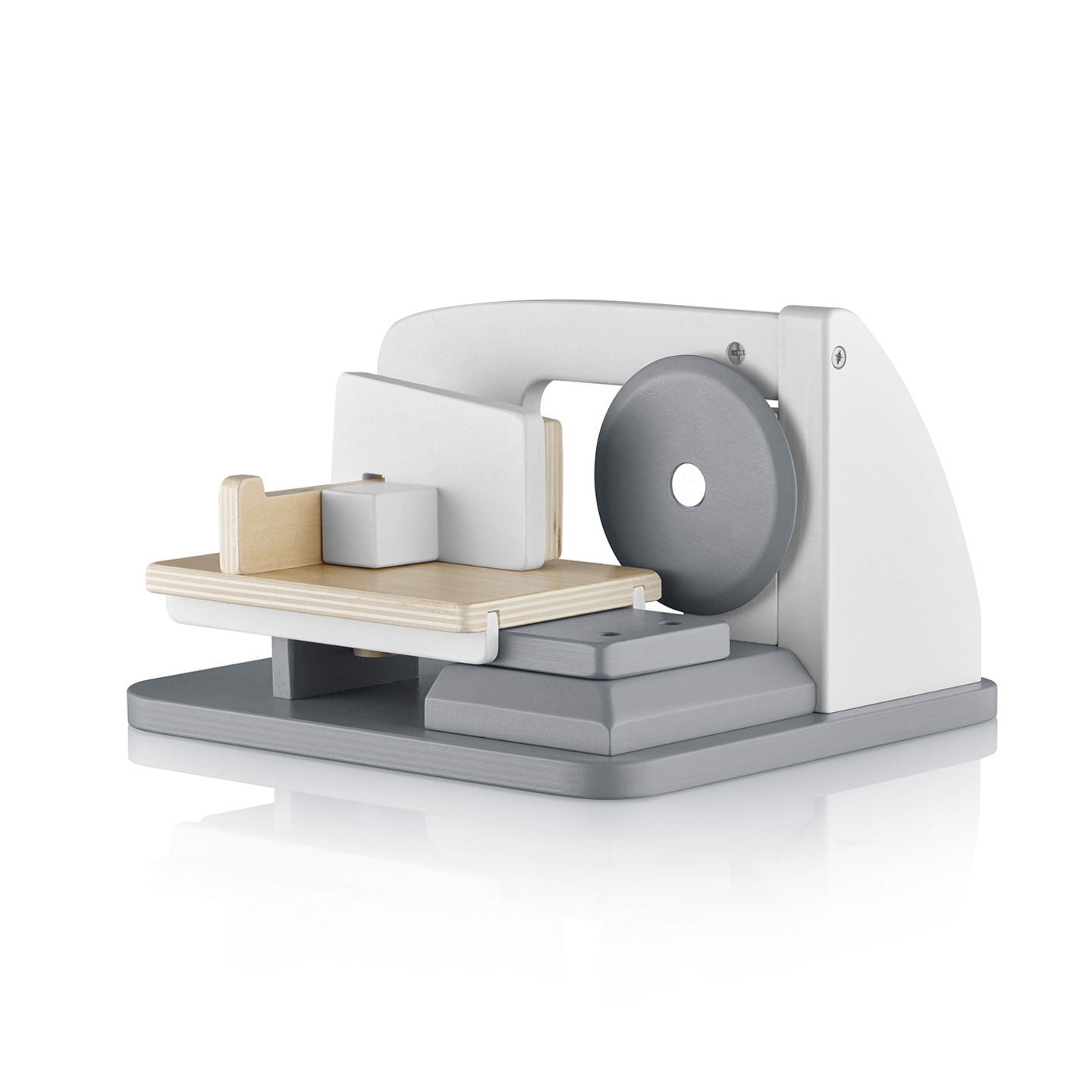 Wooden toy sewing machine, white and gray, isolated on a white background