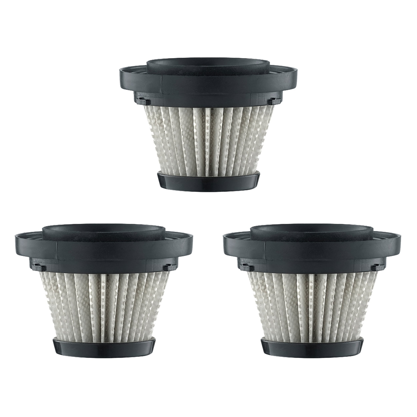 Trois filtres d'aspirateur noirs sur fond blanc, propres et neufs