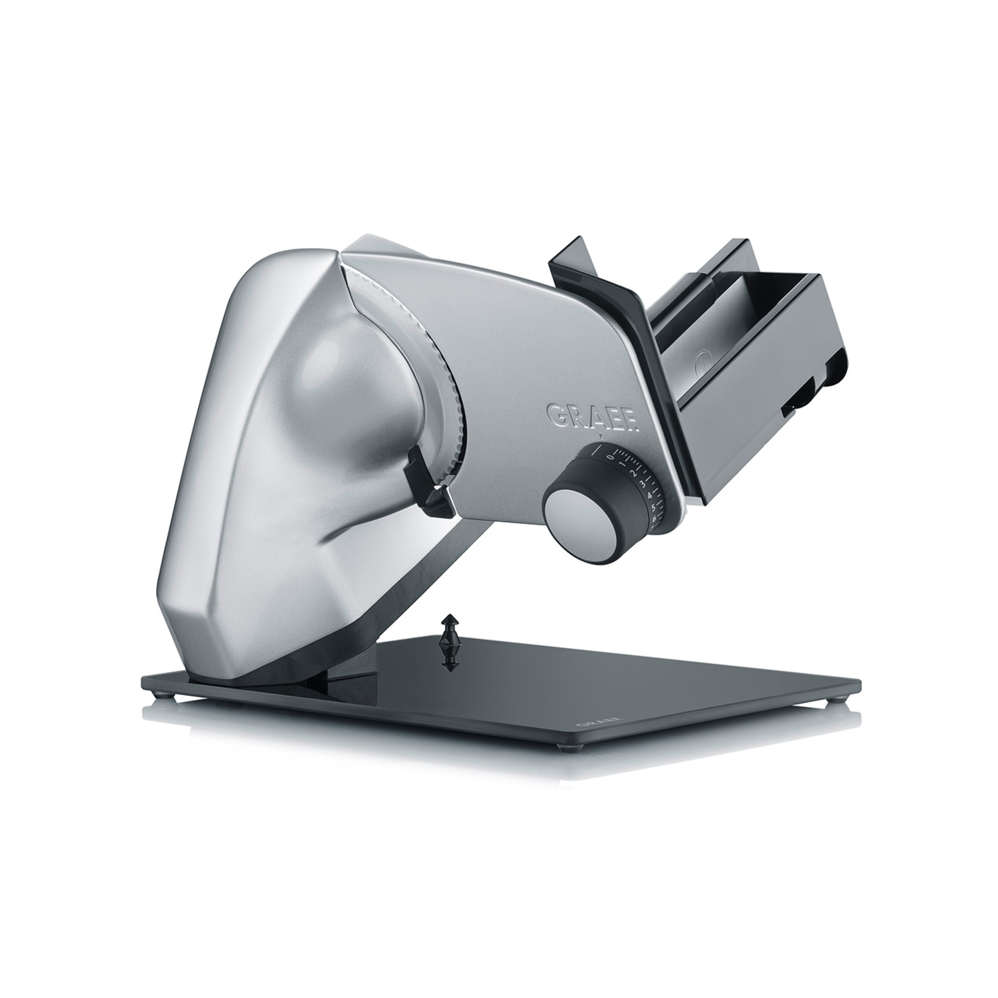 Silver Graef food slicer on white background, close-up shot, kitchen appliance